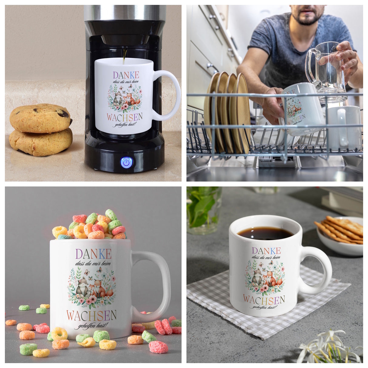 Waldtiere Kaffeebecher mit Spruch Danke für Deine Hilfe beim Wachsen