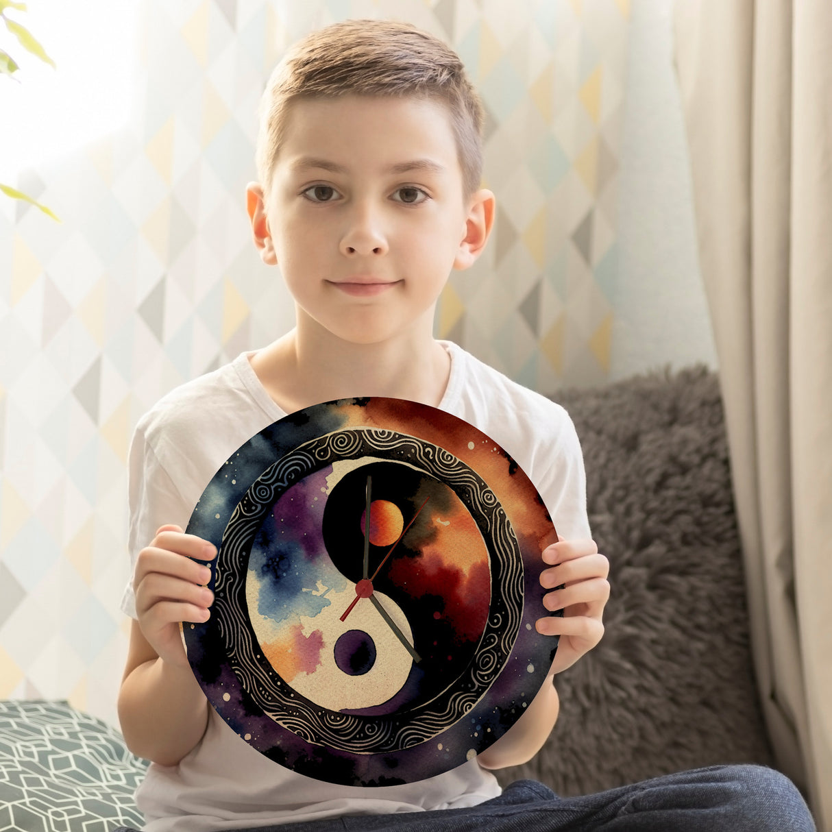 Yin und Yang Aquarell Wanduhr