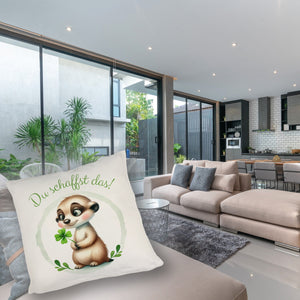 Erdmännchen mit Kleeblatt Kissen mit Spruch Du schaffst das