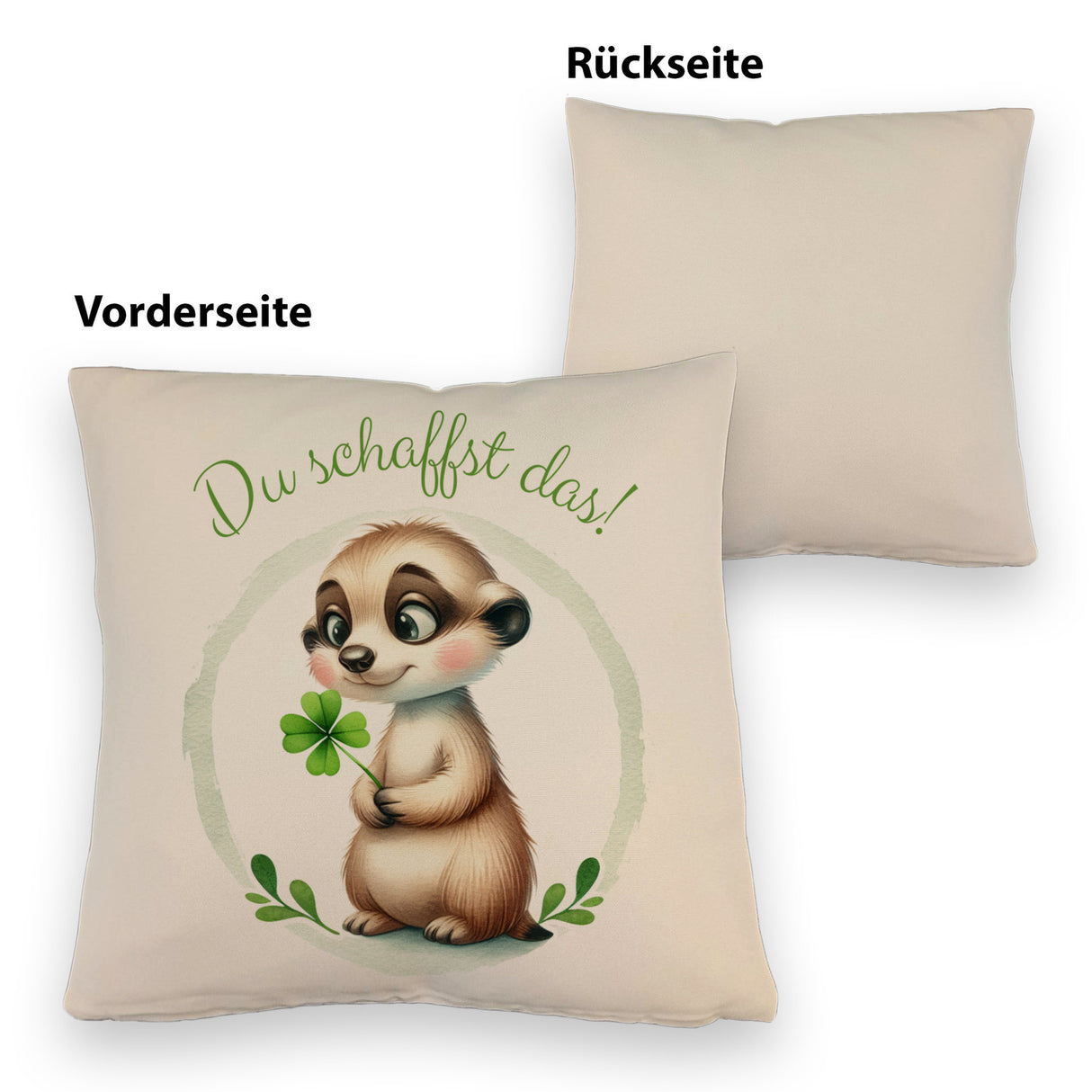Erdmännchen mit Kleeblatt Kissen mit Spruch Du schaffst das