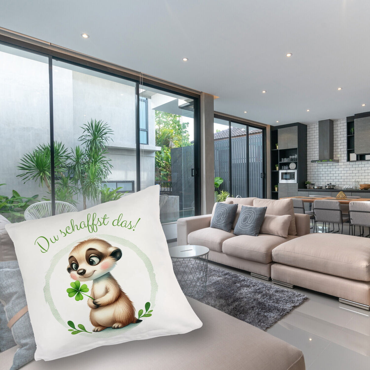 Erdmännchen mit Kleeblatt Kissen mit Spruch Du schaffst das