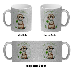 Erdmännchen mit Kleeblatt Kaffeebecher mit Spruch Du schaffst das
