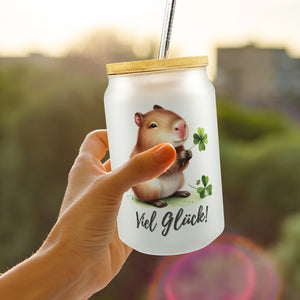 Capybara mit Kleeblatt Trinkglas mit Bambusdeckel mit Spruch Viel Glück