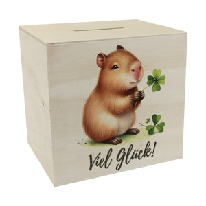 Capybara mit Kleeblatt Spardose mit Spruch Viel Glück