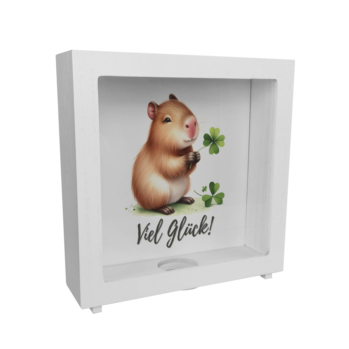 Capybara mit Kleeblatt Spardose mit Spruch Viel Glück