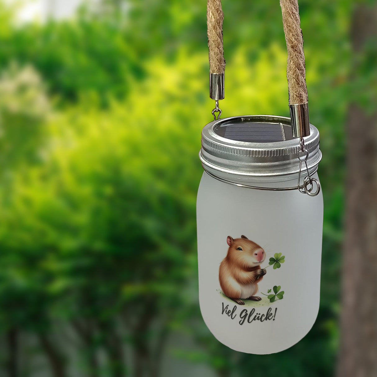 Capybara mit Kleeblatt Solarlicht mit Spruch Viel Glück