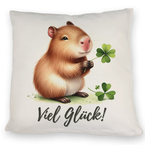 Capybara mit Kleeblatt Kissen mit Spruch Viel Glück