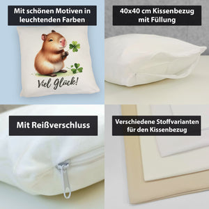 Capybara mit Kleeblatt Kissen mit Spruch Viel Glück
