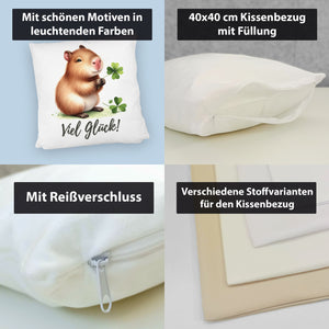 Capybara mit Kleeblatt Kissen mit Spruch Viel Glück