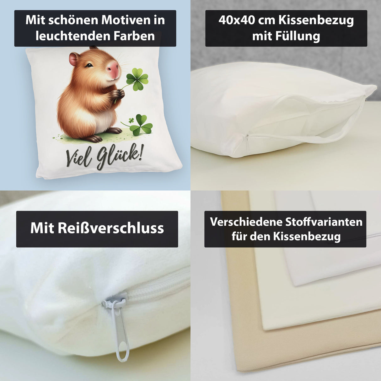 Capybara mit Kleeblatt Kissen mit Spruch Viel Glück