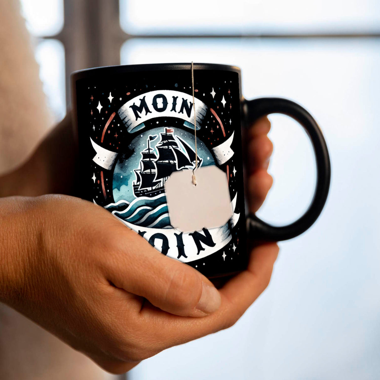 Segelschiff Moin Moin Tasse in Schwarz
