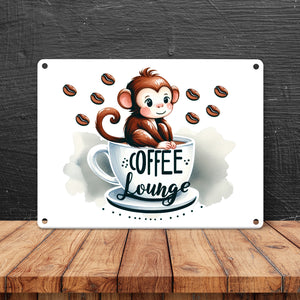 Coffee Lounge mit niedlichem Affen Metallschild in 15x20 cm