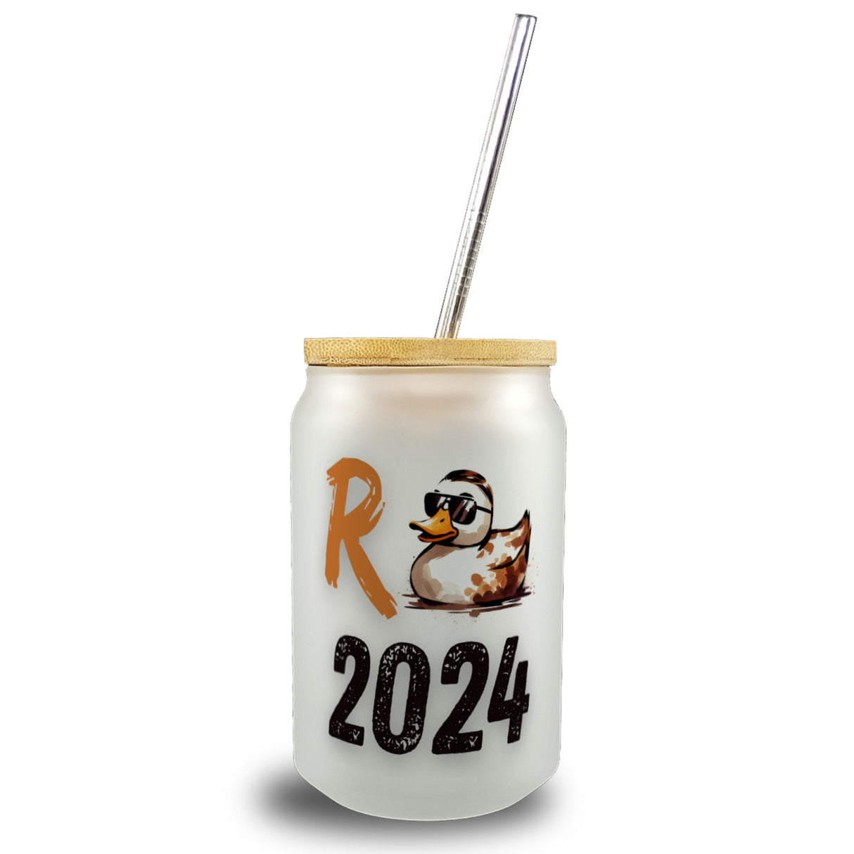 Ente mit Sonnenbrille Trinkglas mit Bambusdeckel mit Spruch Rente 2024