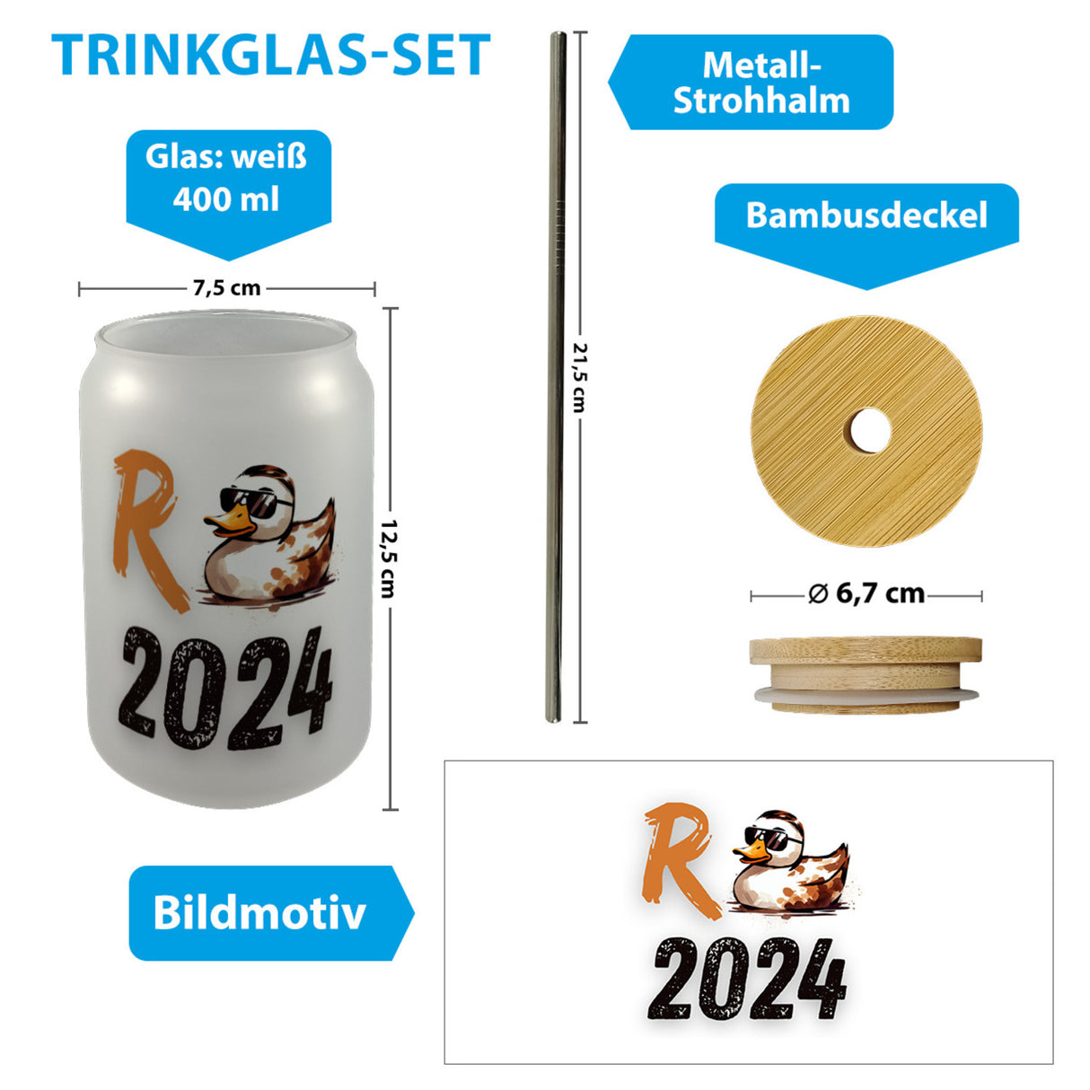 Ente mit Sonnenbrille Trinkglas mit Bambusdeckel mit Spruch Rente 2024