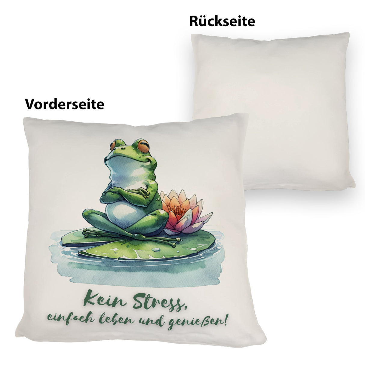Frosch auf Seerose Kissen mit Spruch Kein Stress einfach leben und genießen