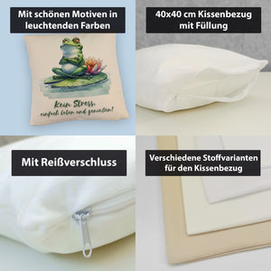 Frosch auf Seerose Kissen mit Spruch Kein Stress einfach leben und genießen
