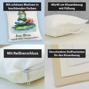 Frosch auf Seerose Kissen mit Spruch Kein Stress einfach leben und genießen
