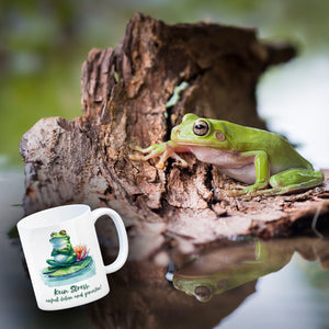Frosch auf Seerose Kaffeebecher mit Spruch Kein Stress einfach leben und genießen