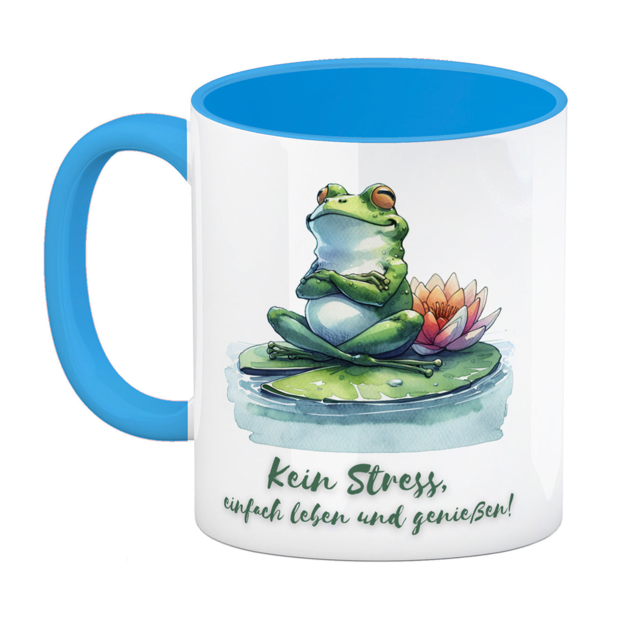 Frosch auf Seerose Kaffeebecher mit Spruch Kein Stress einfach leben und genießen