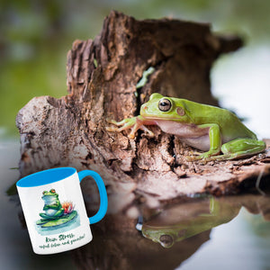Frosch auf Seerose Kaffeebecher mit Spruch Kein Stress einfach leben und genießen