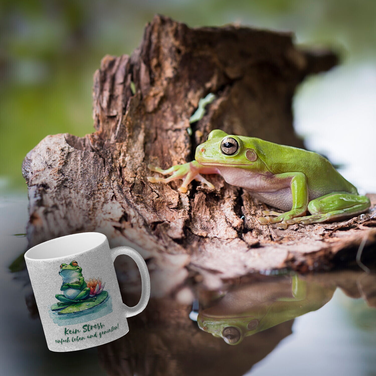 Frosch auf Seerose Kaffeebecher mit Spruch Kein Stress einfach leben und genießen