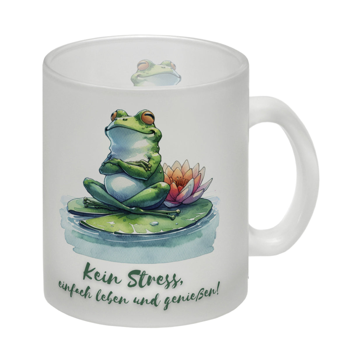 Frosch auf Seerose Kaffeebecher mit Spruch Kein Stress einfach leben und genießen