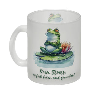 Frosch auf Seerose Kaffeebecher mit Spruch Kein Stress einfach leben und genießen
