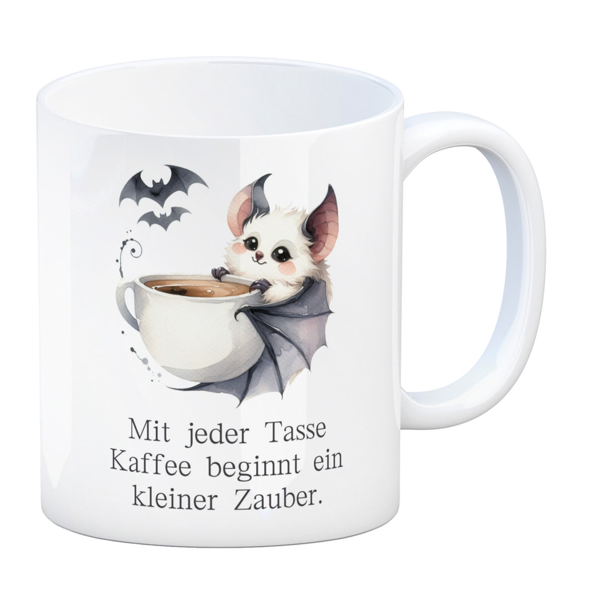 niedliche Fledermaus mit Kaffeetasse Kaffeebecher mit Spruch Jede Tasse Kaffee birgt Zauber