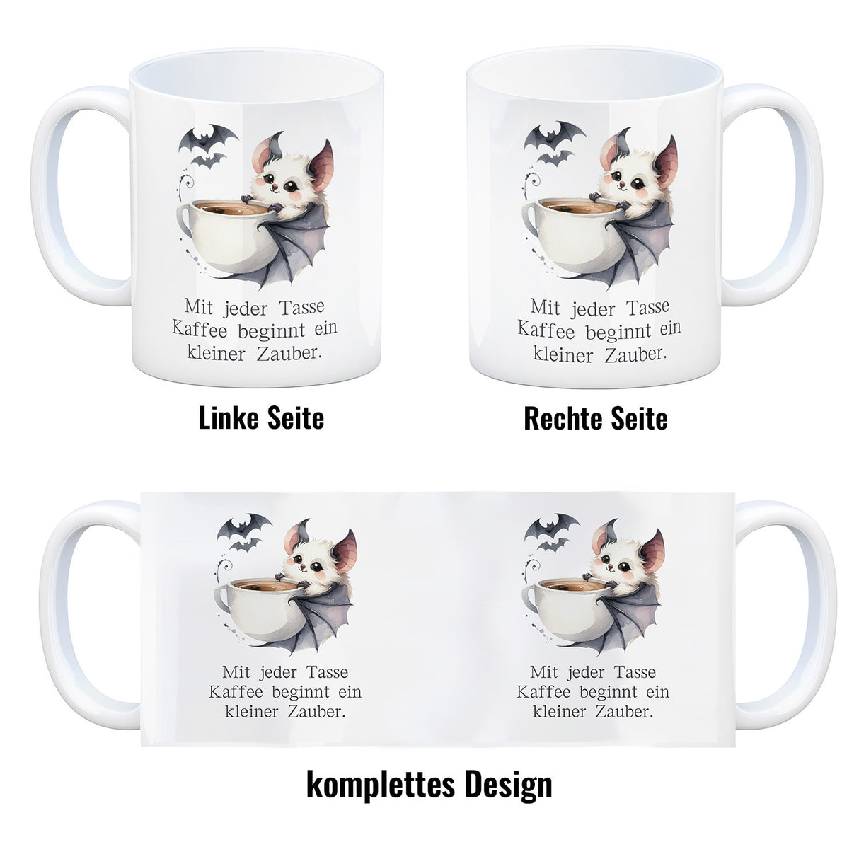 niedliche Fledermaus mit Kaffeetasse Kaffeebecher mit Spruch Jede Tasse Kaffee birgt Zauber