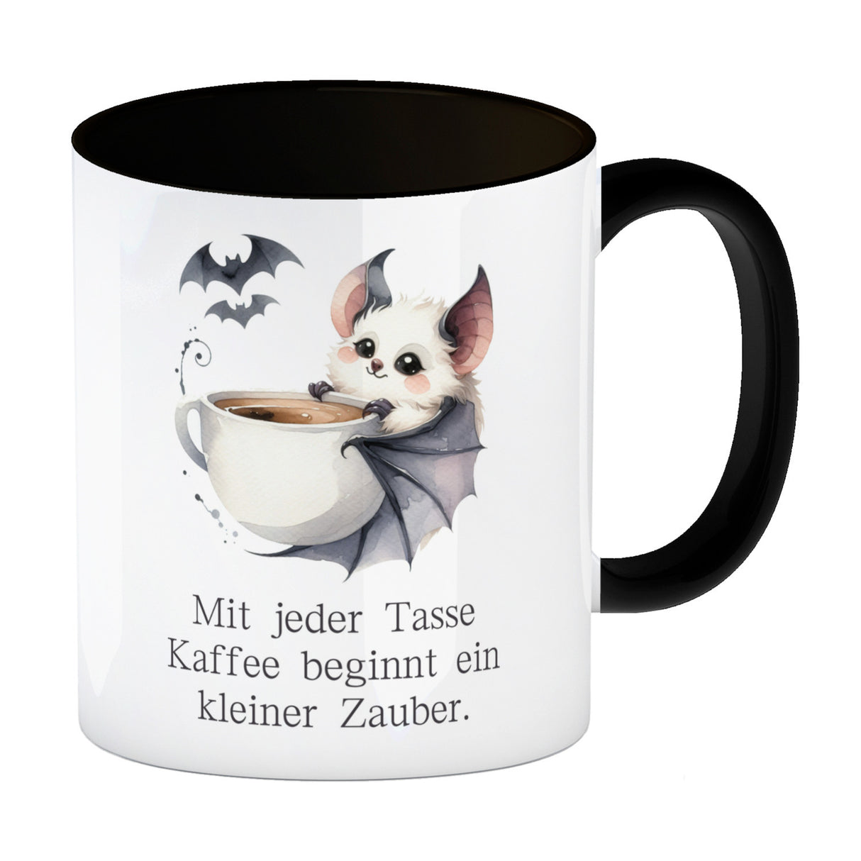 niedliche Fledermaus mit Kaffeetasse Kaffeebecher mit Spruch Jede Tasse Kaffee birgt Zauber