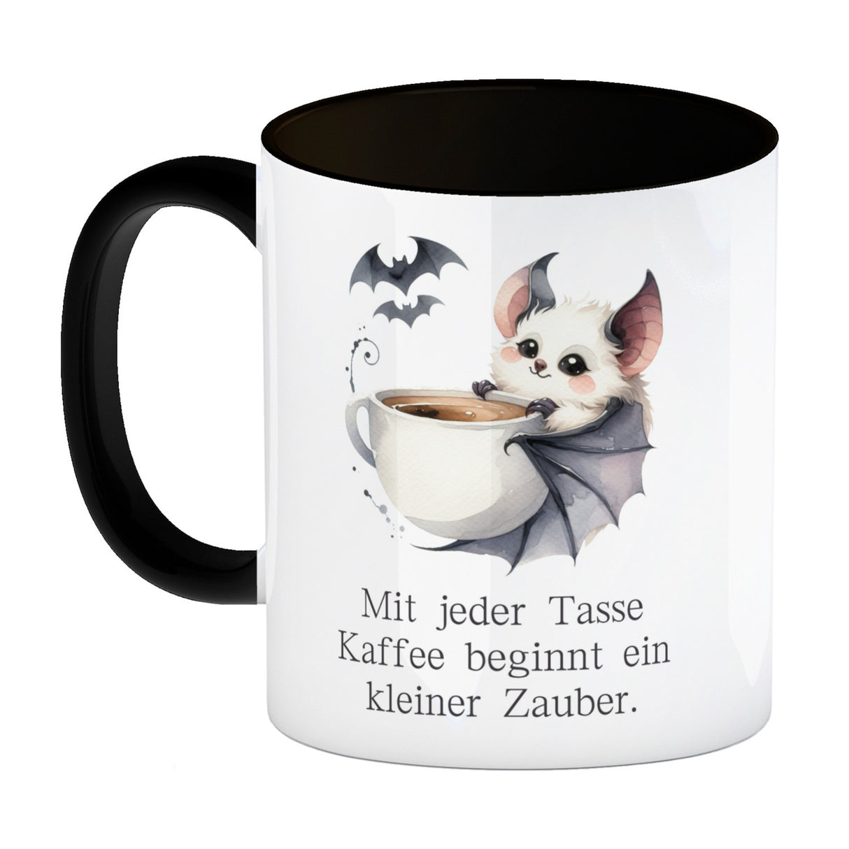 niedliche Fledermaus mit Kaffeetasse Kaffeebecher mit Spruch Jede Tasse Kaffee birgt Zauber