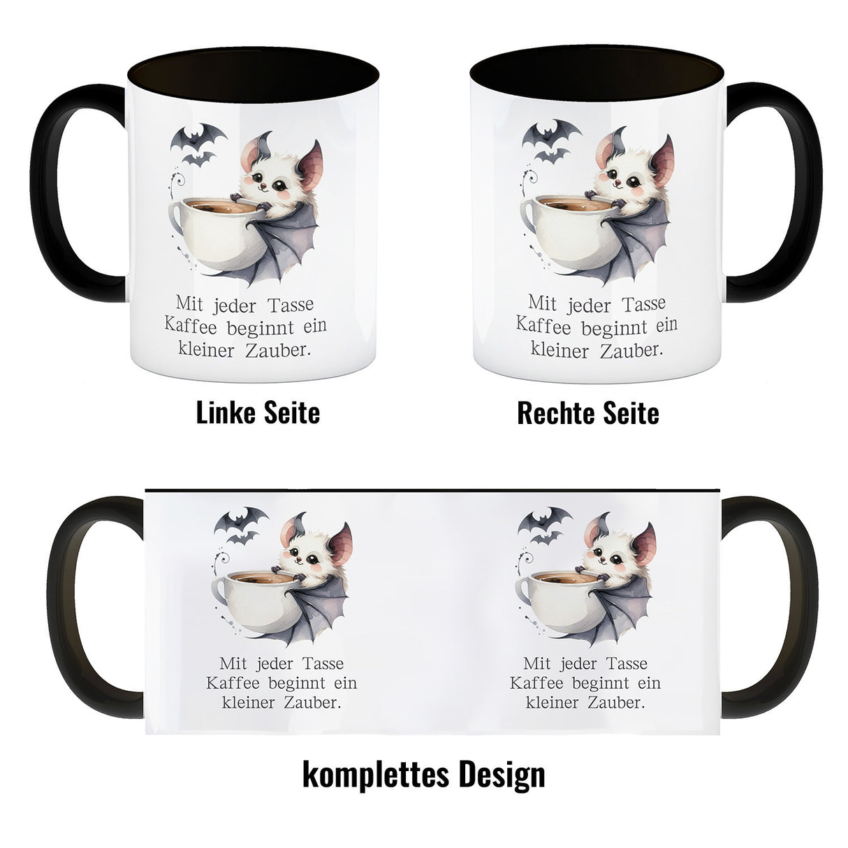 niedliche Fledermaus mit Kaffeetasse Kaffeebecher mit Spruch Jede Tasse Kaffee birgt Zauber