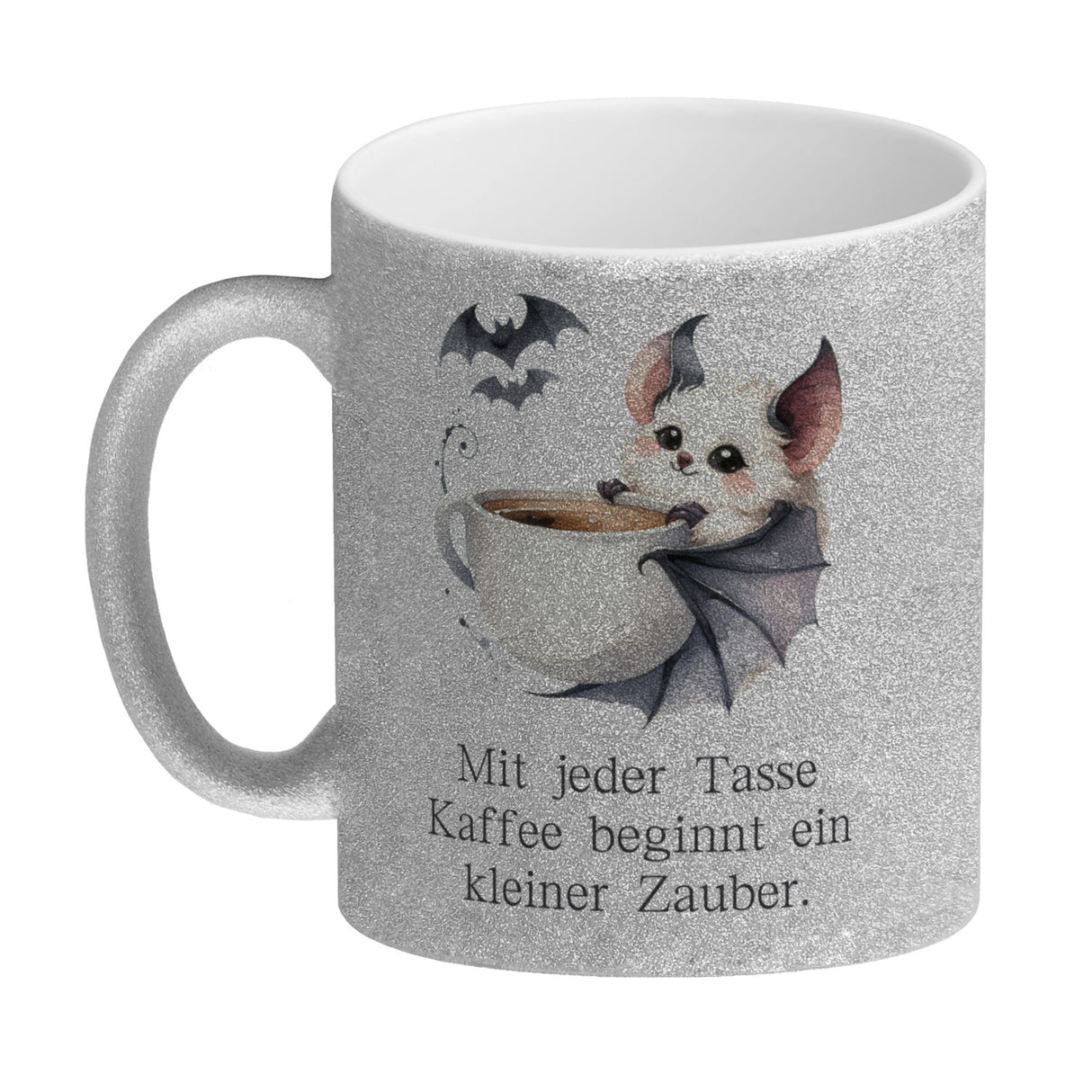 niedliche Fledermaus mit Kaffeetasse Kaffeebecher mit Spruch Jede Tasse Kaffee birgt Zauber