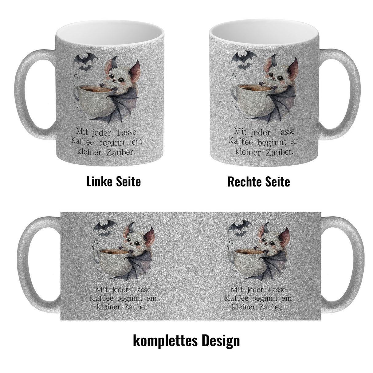 niedliche Fledermaus mit Kaffeetasse Kaffeebecher mit Spruch Jede Tasse Kaffee birgt Zauber