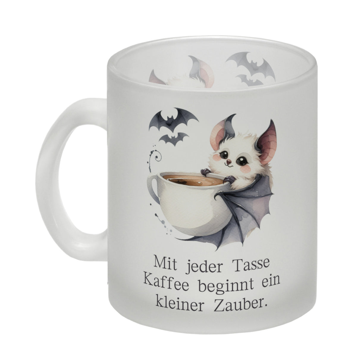 niedliche Fledermaus mit Kaffeetasse Kaffeebecher mit Spruch Jede Tasse Kaffee birgt Zauber
