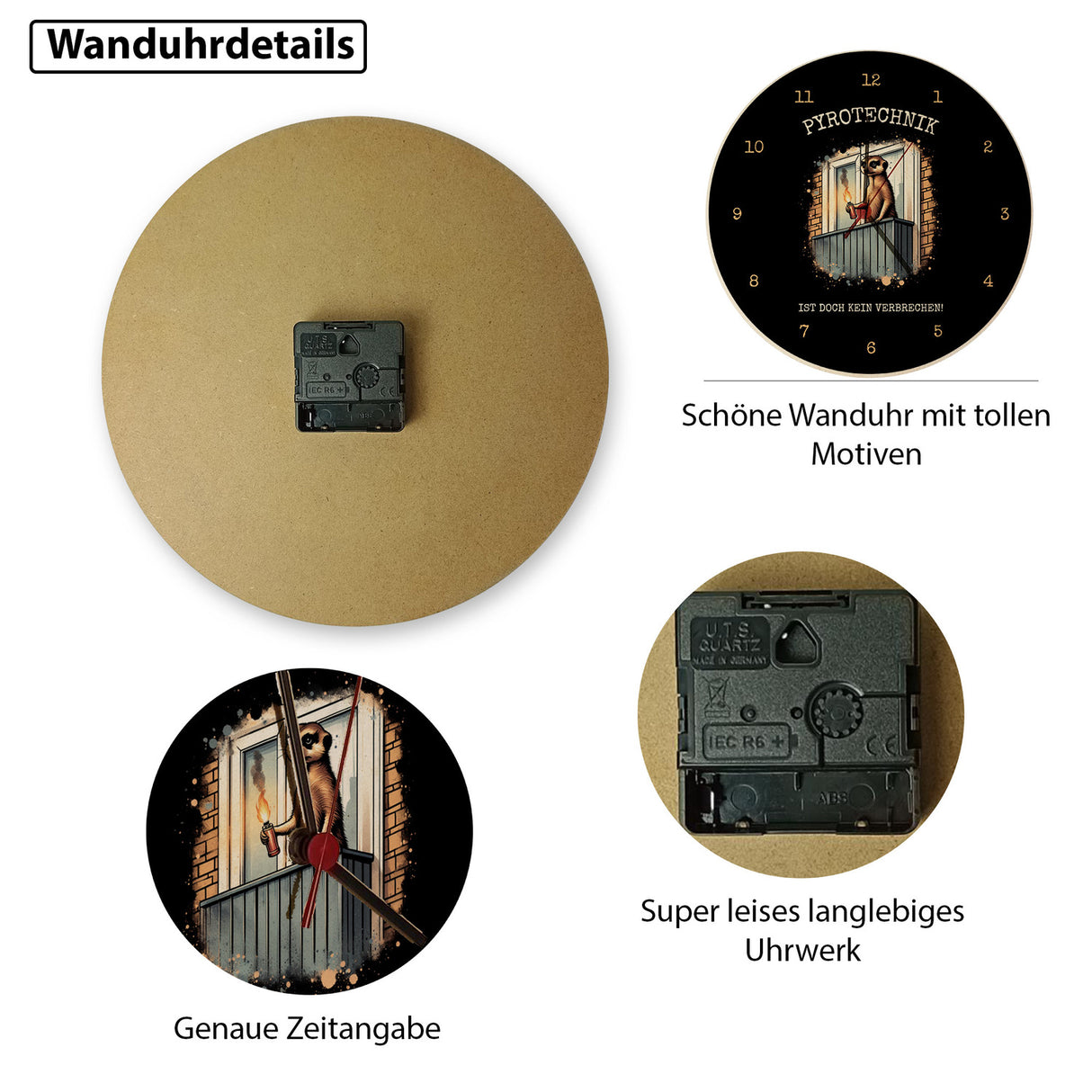Balkon-Ultra Erdmännchen mit Pyrofackel Wanduhr mit Spruch Pyrotechnik ist doch kein Verbrechen