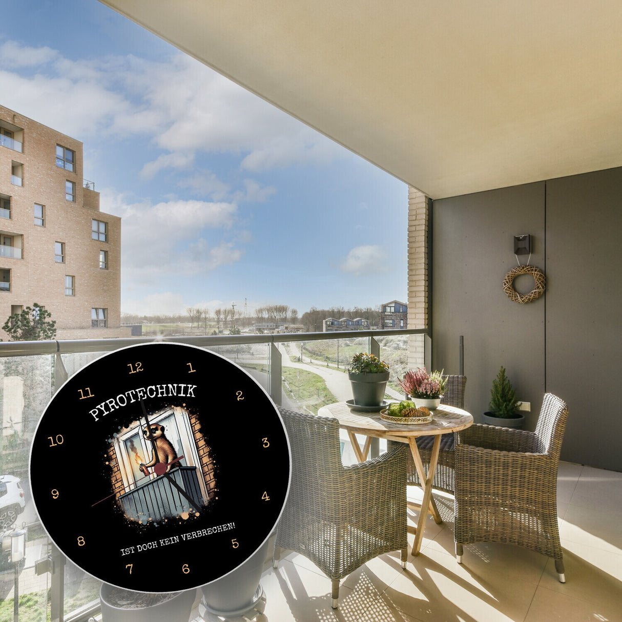 Balkon-Ultra Erdmännchen mit Pyrofackel Wanduhr mit Spruch Pyrotechnik ist doch kein Verbrechen