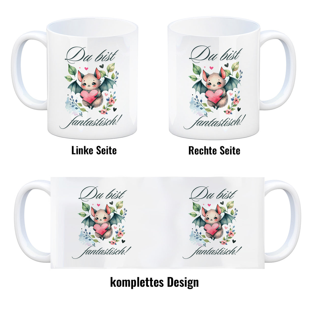 niedliche Fledermaus mit Herz Kaffeebecher mit Spruch Du bist fantastisch
