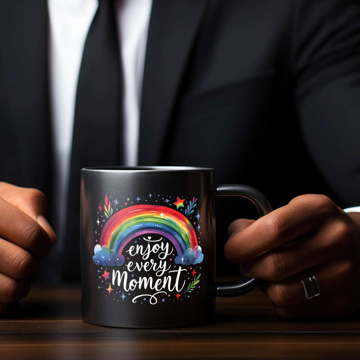 Regenbogen Tasse in Schwarz mit Spruch Enjoy every moment