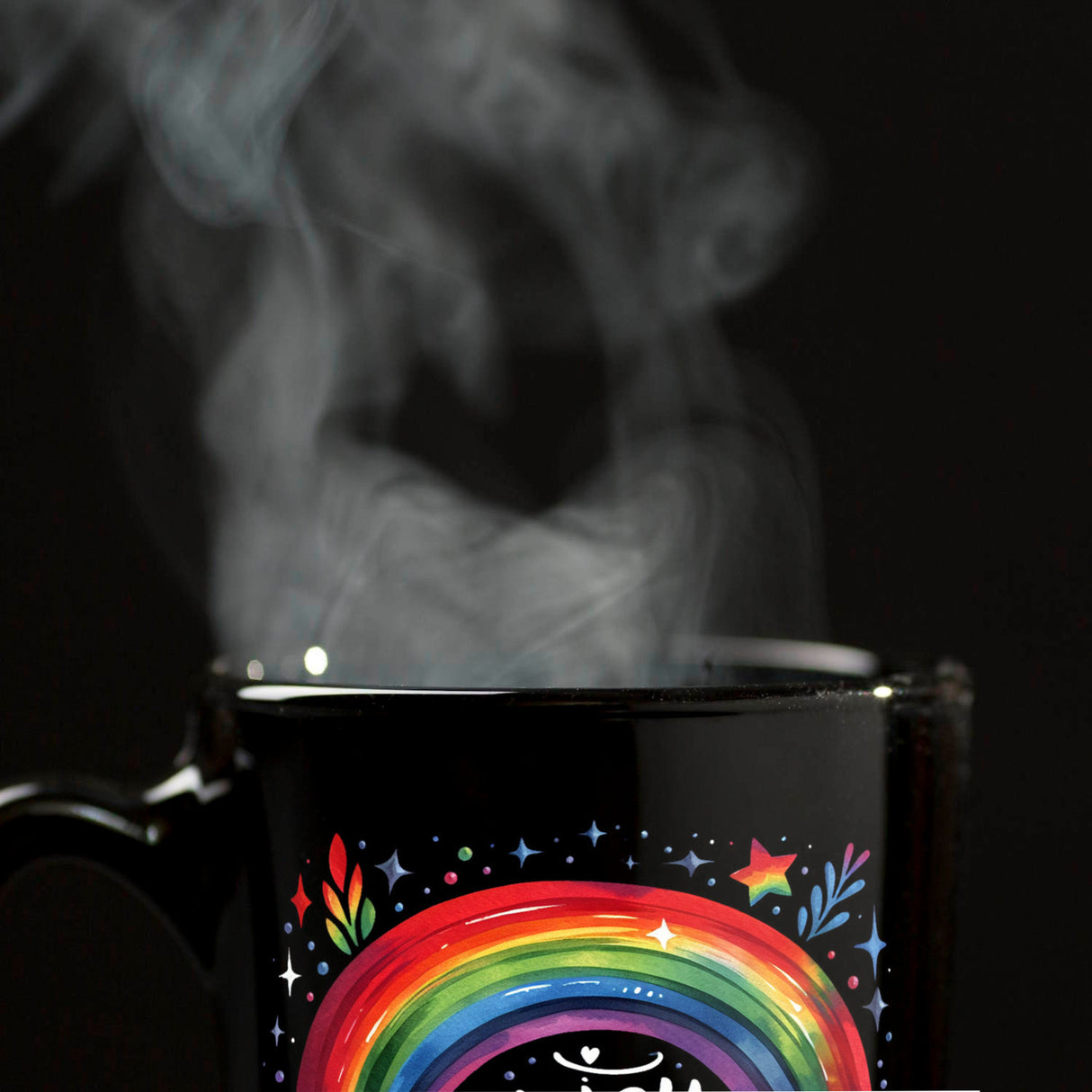 Regenbogen Tasse in Schwarz mit Spruch Enjoy every moment