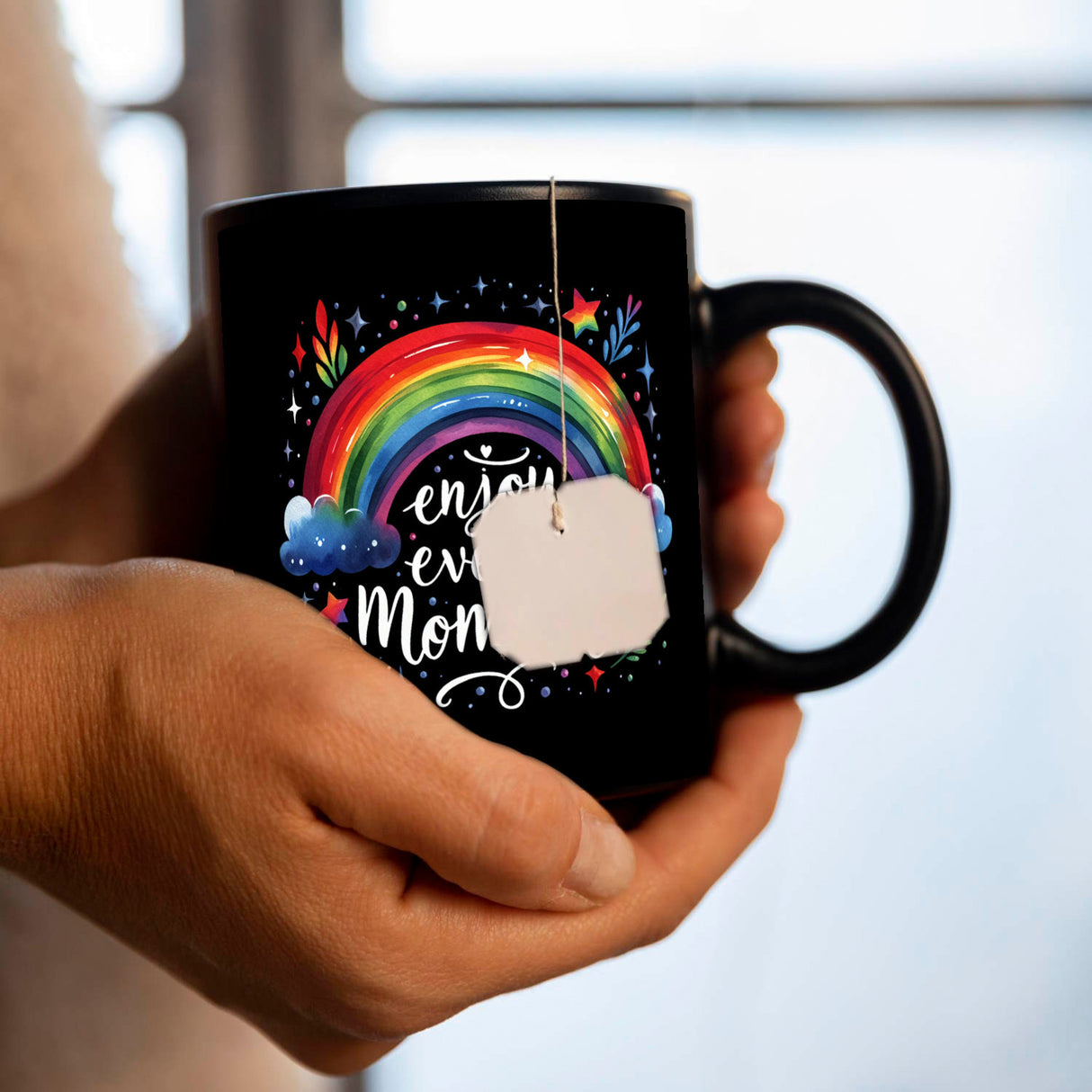 Regenbogen Tasse in Schwarz mit Spruch Enjoy every moment