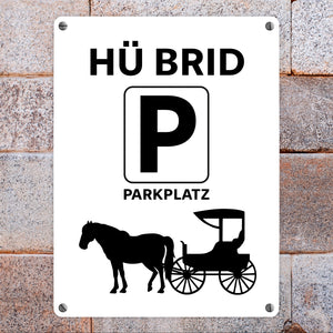 Pferd mit Kutsche Metallschild in 15x20 cm mit Spruch Hü brid