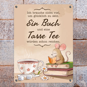 Maus mit Buch Metallschild in 15x20 cm mit Spruch Buch und Tee machen mich glücklich