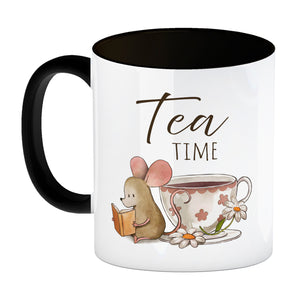 Maus mit Buch Kaffeebecher mit Spruch Tea Time