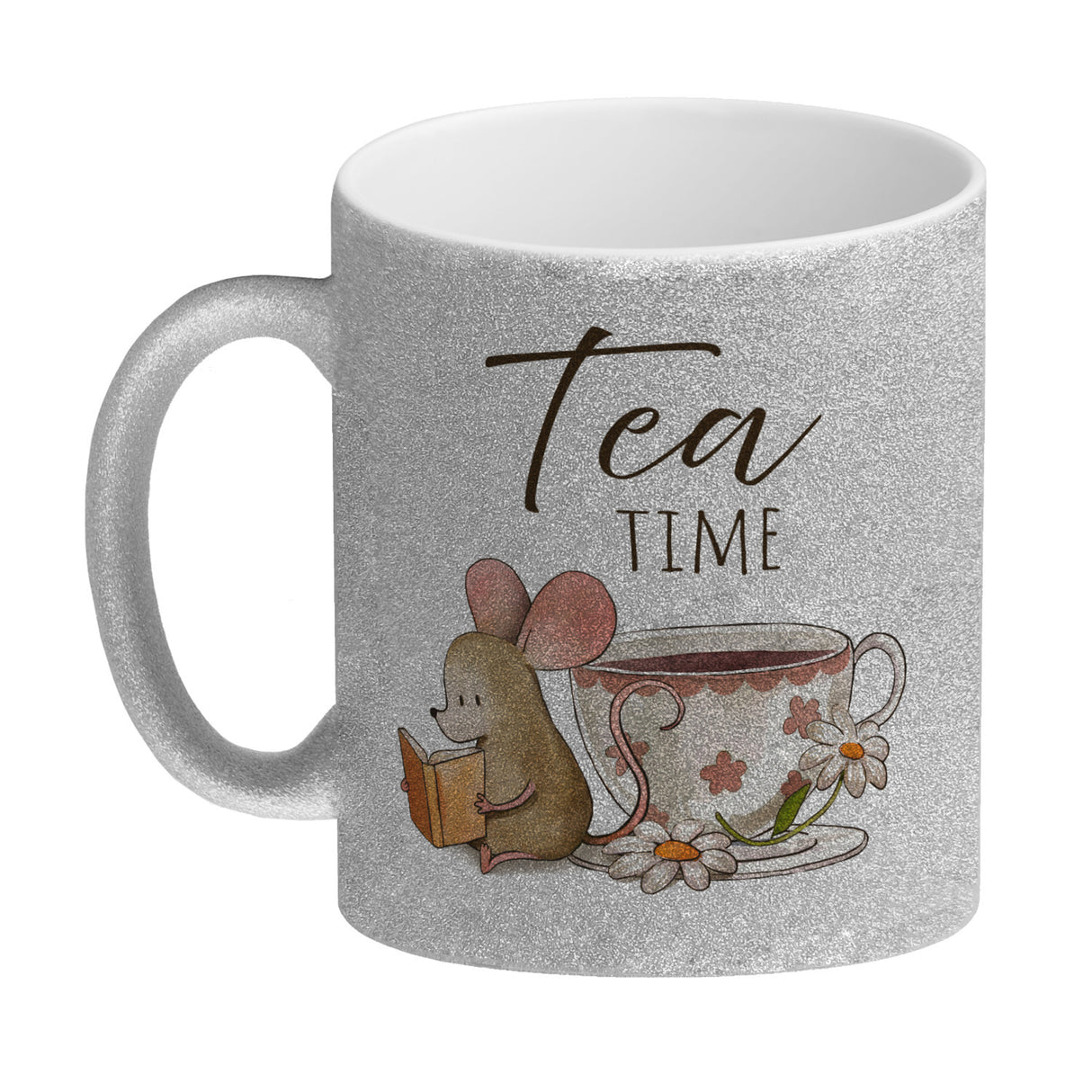 Maus mit Buch Kaffeebecher mit Spruch Tea Time