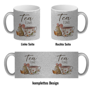 Maus mit Buch Kaffeebecher mit Spruch Tea Time