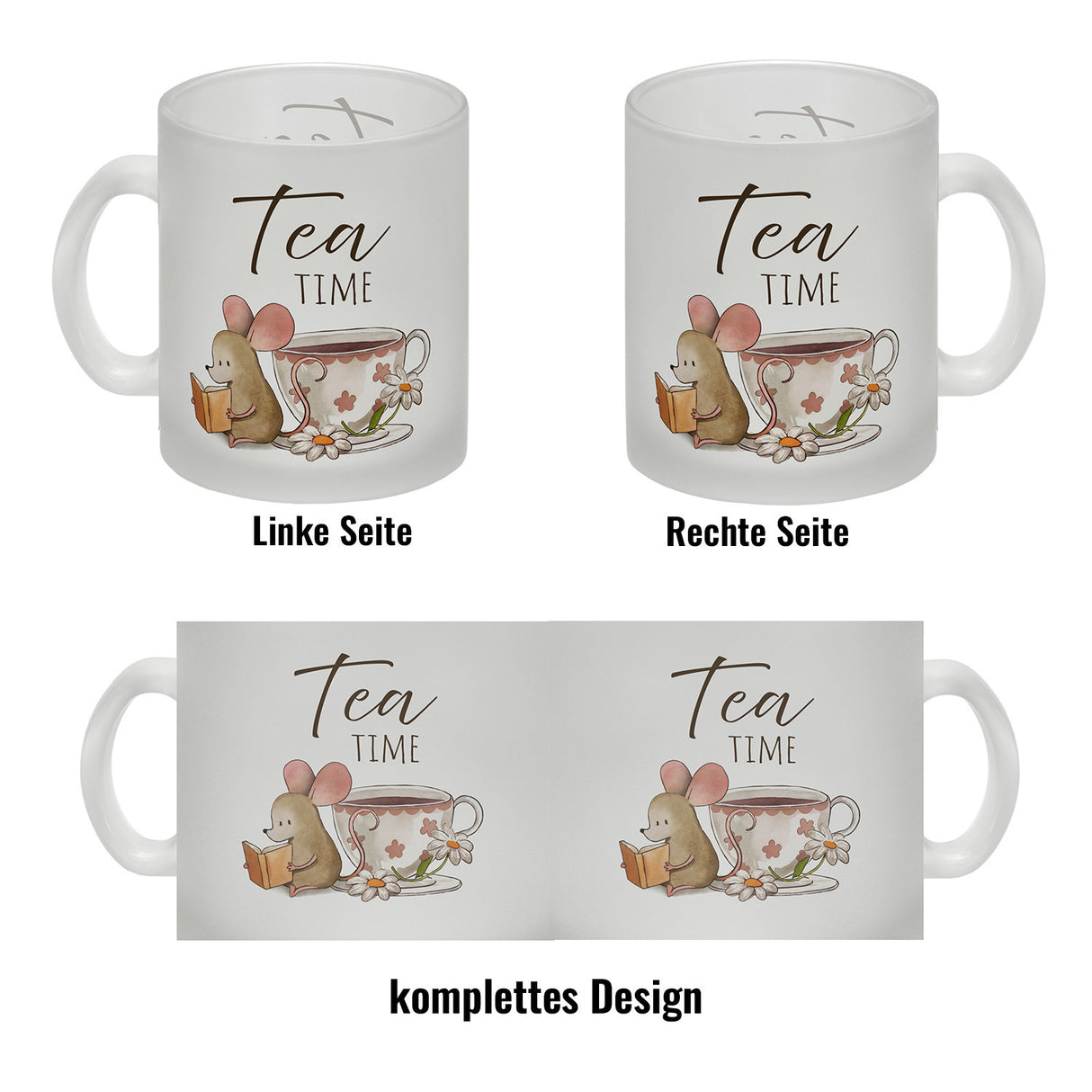 Maus mit Buch Kaffeebecher mit Spruch Tea Time