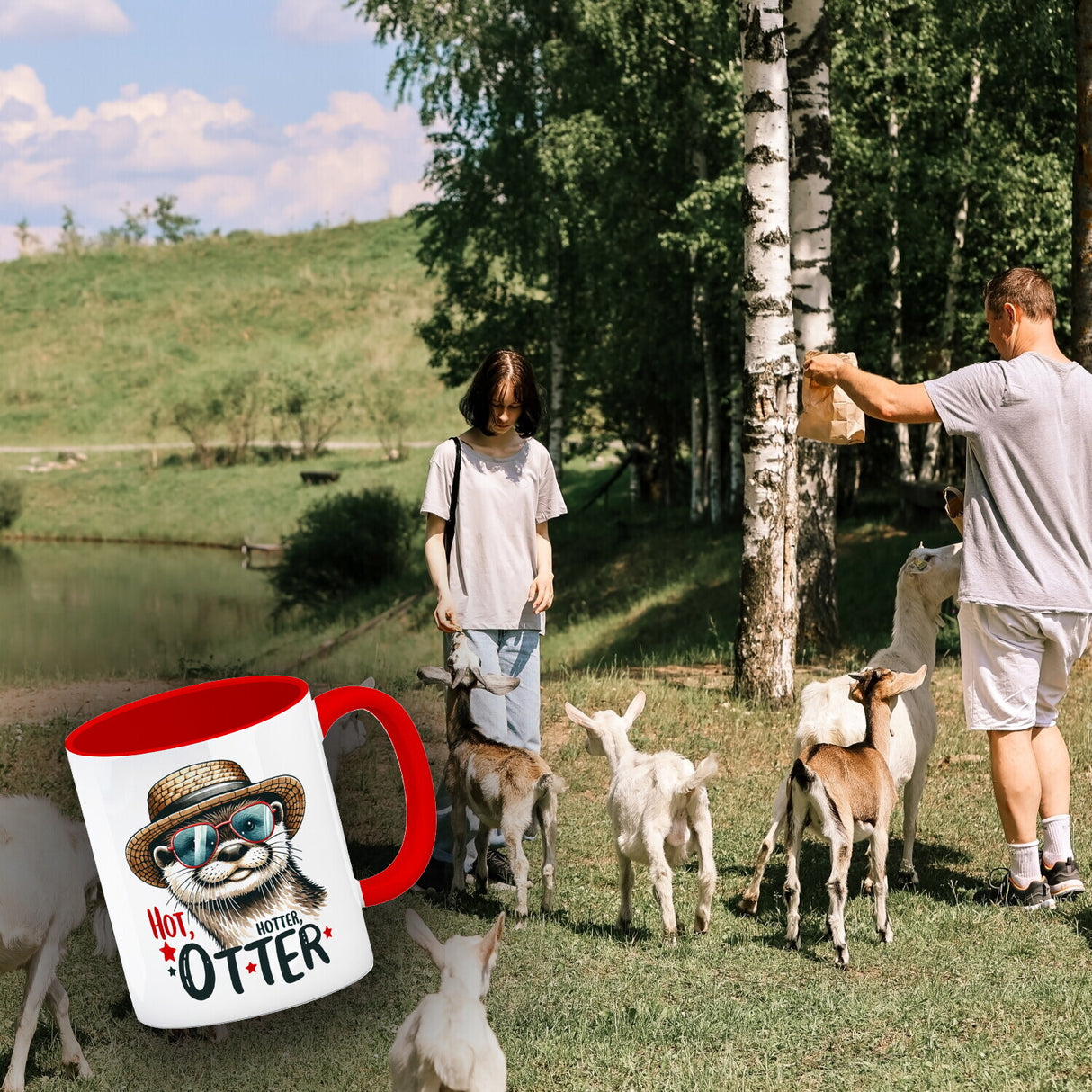 Otter mit Sonnenbrille und Strohhut Kaffeebecher mit Spruch Hot Hotter Otter