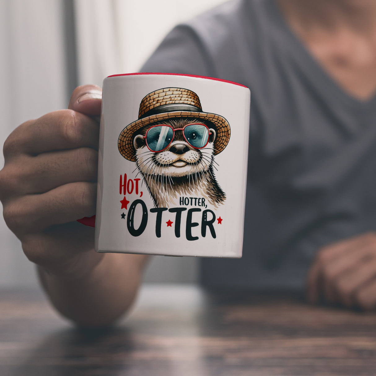 Otter mit Sonnenbrille und Strohhut Kaffeebecher mit Spruch Hot Hotter Otter