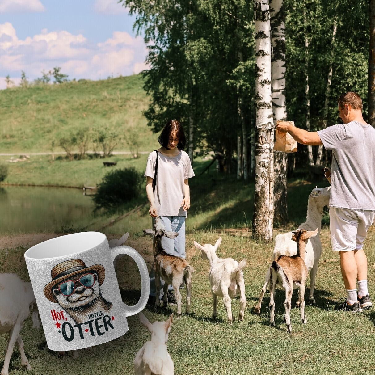 Otter mit Sonnenbrille und Strohhut Kaffeebecher mit Spruch Hot Hotter Otter